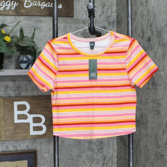 NWT Wild Fable Womens Short Sleeve Fitted T-Shirt 84660319 L Pink Stripe - Picture 2 of 6